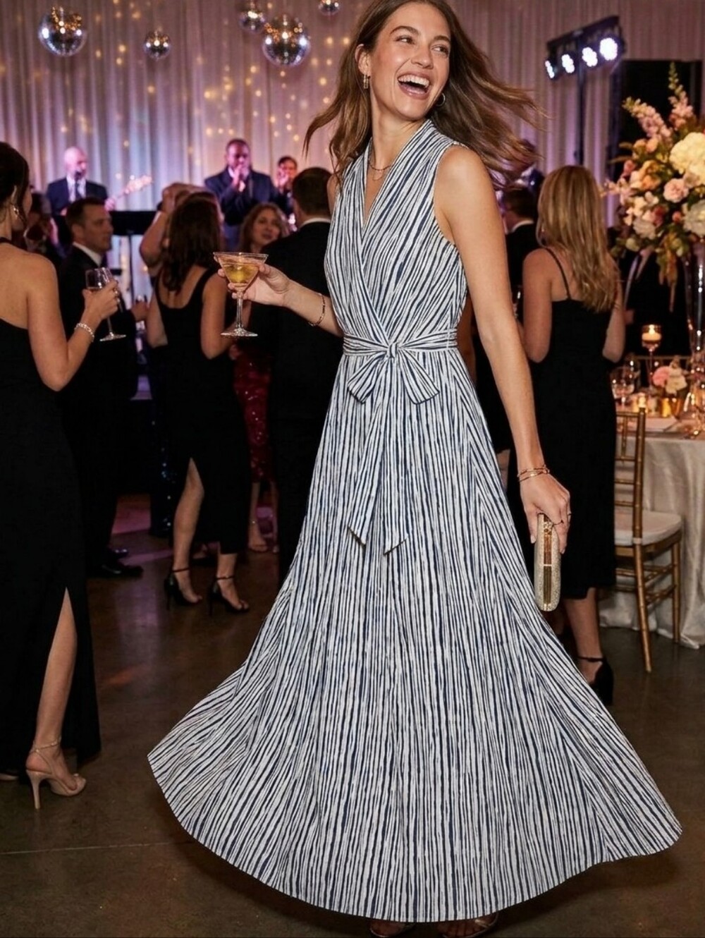Calvin Klein Navy and White Striped Sleeveless Wrap Maxi Dress